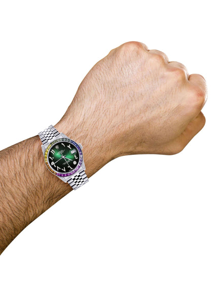 Diamond Gold Rolex Watch For Men 16200 | 36Mm | Rainbow Sapphire Bezel | Green Black Arabic Numeral Dial | Jubilee Band