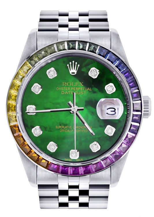 Diamond Gold Rolex Watch For Men 16200 | 36Mm | Rainbow Sapphire Bezel | Green Mother Of Pearl Dial | Jubilee Band