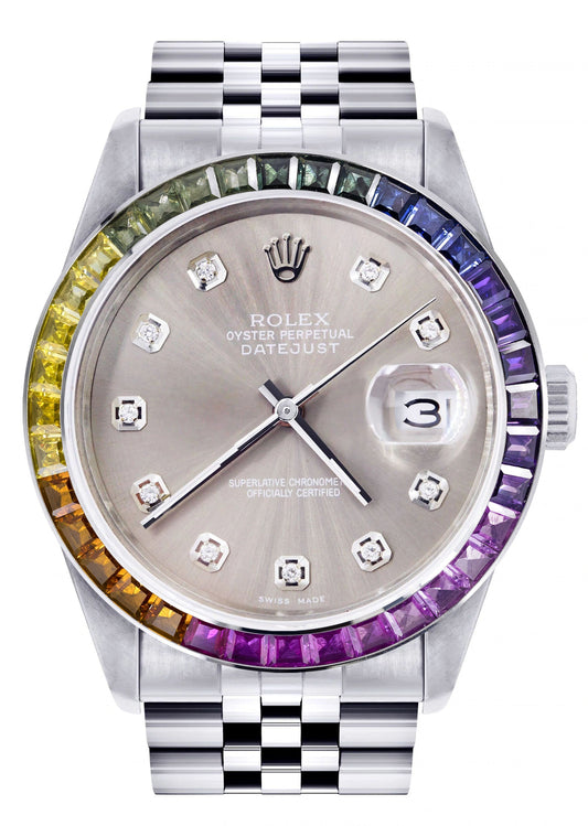 Diamond Gold Rolex Watch For Men 16200 | 36Mm | Rainbow Sapphire Bezel | Grey Dial | Jubilee Band
