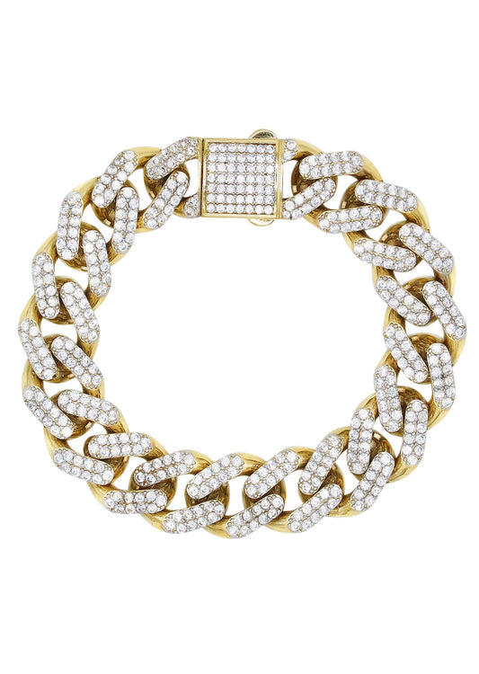 CZ Iced Out Hollow Mens Miami Cuban Link Bracelet 10K Yellow Gold - The Diamond Traphouse