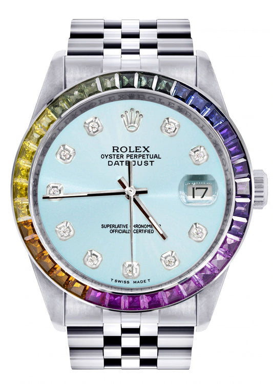 Diamond Gold Rolex Watch For Men 16200 | 36Mm | Rainbow Sapphire Bezel | Light Blue Dial | Jubilee Band