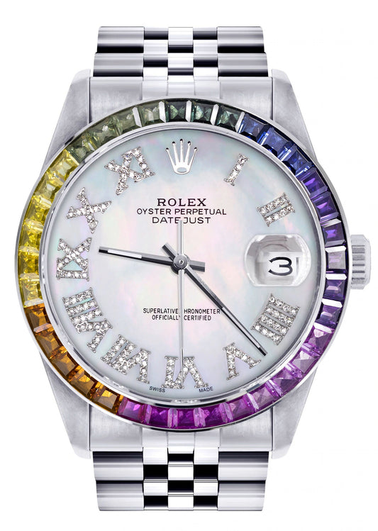 Diamond Gold Rolex Watch For Men 16200 | 36Mm | Rainbow Sapphire Bezel | Light Mother Of Pearl Roman Numeral Dial | Jubilee Band