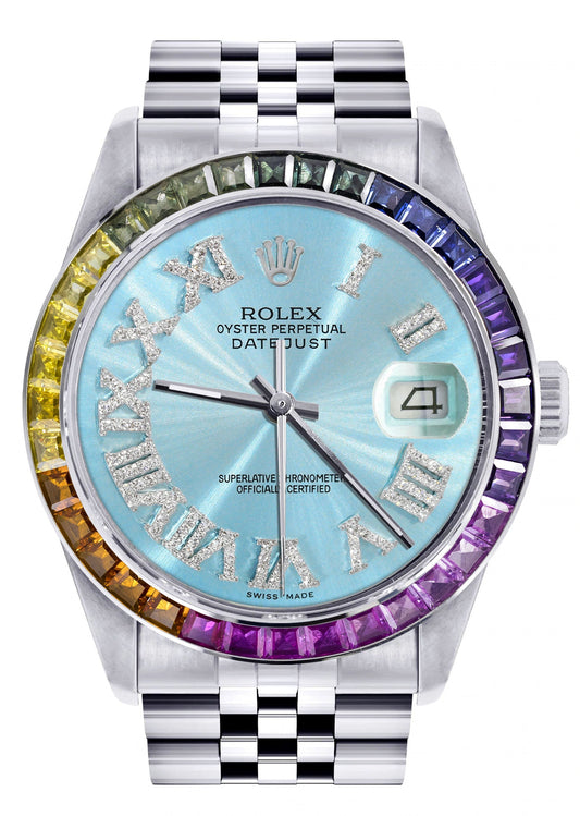 Diamond Gold Rolex Watch For Men 16200 | 36Mm | Rainbow Sapphire Bezel | Light Blue Roman Numeral Dial | Jubilee Band