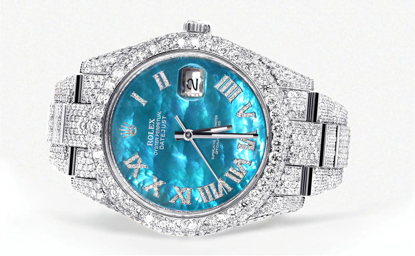 Diamond Iced Out Rolex Datejust 41 | 25 Carats Of Diamonds | Custom Aquamarine Mother of Pearl Dial | Stainless Steel | Two Row | Oyster Band