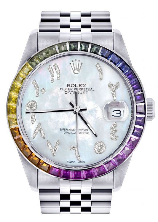 Diamond Gold Rolex Watch For Men 16200 | 36Mm | Rainbow Sapphire Bezel | Mother Of Pearl Arabic Numeral Dial | Jubilee Band
