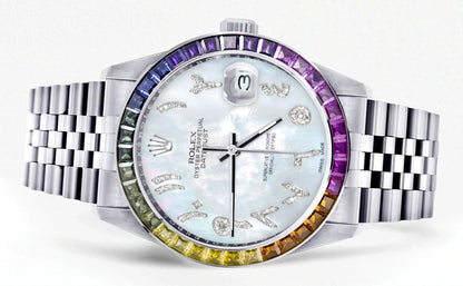 Diamond Gold Rolex Watch For Men 16200 | 36Mm | Rainbow Sapphire Bezel | Mother Of Pearl Arabic Numeral Dial | Jubilee Band