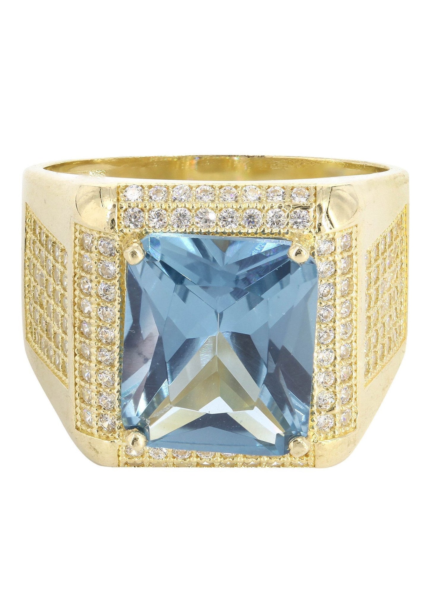 Aqua Marine & Cz 10K Yellow Gold Mens Ring. | 9.2 Grams