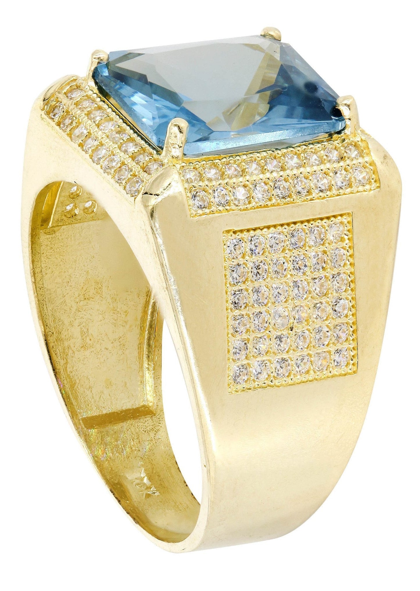 Aqua Marine & Cz 10K Yellow Gold Mens Ring. | 9.2 Grams