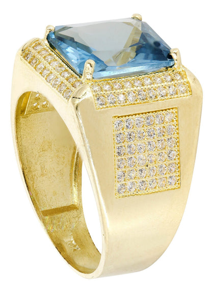 Aqua Marine & Cz 10K Yellow Gold Mens Ring. | 9.2 Grams