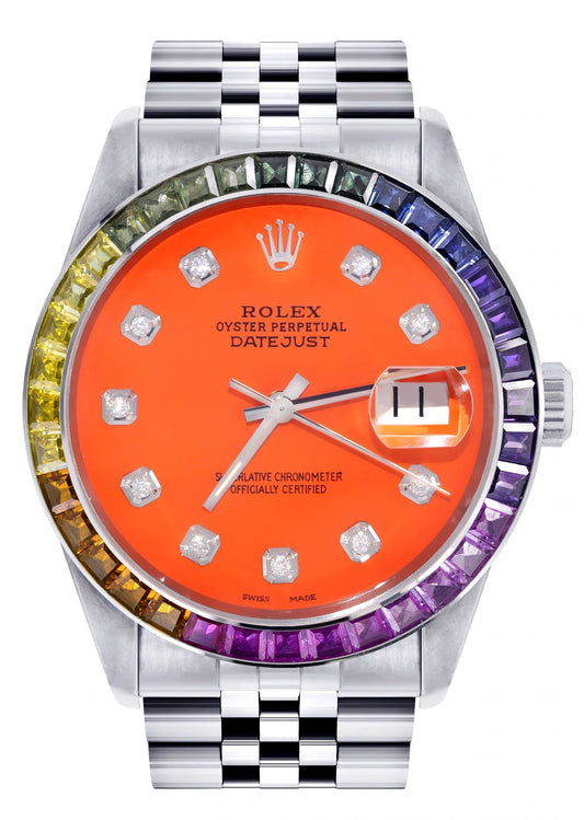 Diamond Gold Rolex Watch For Men 16200 | 36Mm | Rainbow Sapphire Bezel | Orange Dial | Jubilee Band