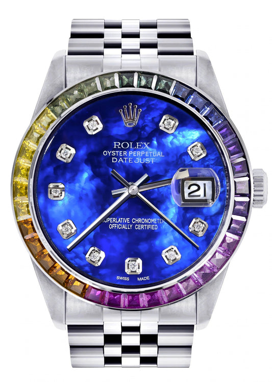 Diamond Gold Rolex Watch For Men 16200 | 36Mm | Rainbow Sapphire Bezel | Blue Mother Of Pearl Dial | Jubilee Band