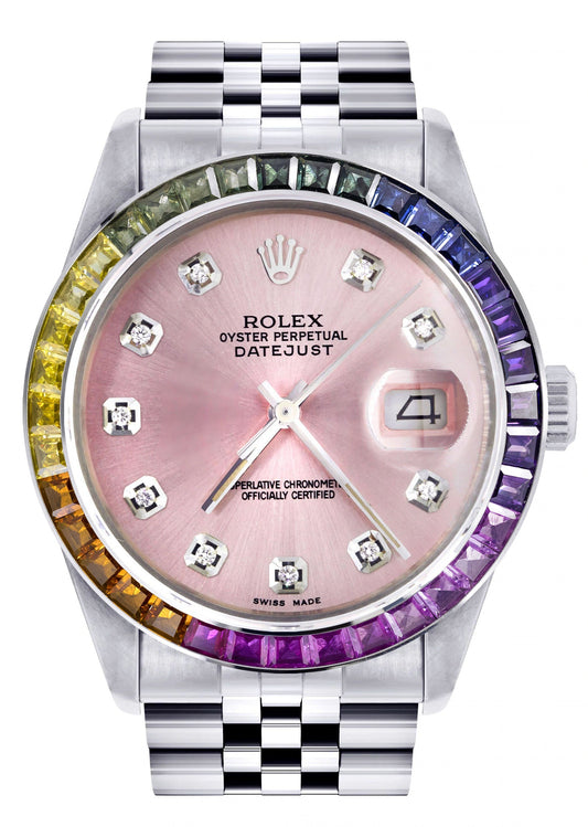 Diamond Gold Rolex Watch For Men 16200 | 36Mm | Rainbow Sapphire Bezel | Pink Dial | Jubilee Band