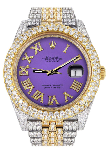 Diamond Iced Out Rolex Datejust 41 | 25 Carats Of Diamonds | Custom Purple Roman Numeral Diamond Dial | Two Tone | Two Row | Jubilee Band