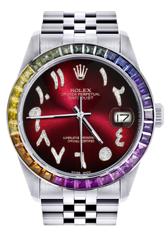 Diamond Gold Rolex Watch For Men 16200 | 36Mm | Rainbow Sapphire Bezel | Red Black Arabic Numeral Dial | Jubilee Band