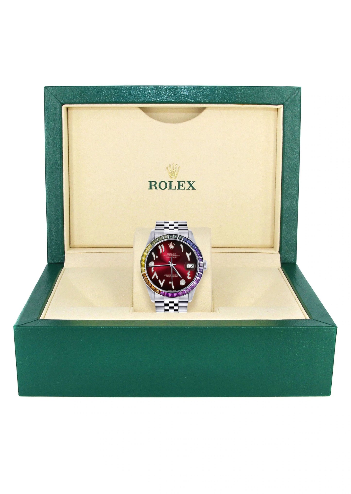 Diamond Gold Rolex Watch For Men 16200 | 36Mm | Rainbow Sapphire Bezel | Red Black Arabic Numeral Dial | Jubilee Band