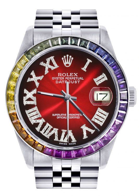 Diamond Gold Rolex Watch For Men 16200 | 36Mm | Rainbow Sapphire Bezel | Red Black Roman Numeral Dial | Jubilee Band