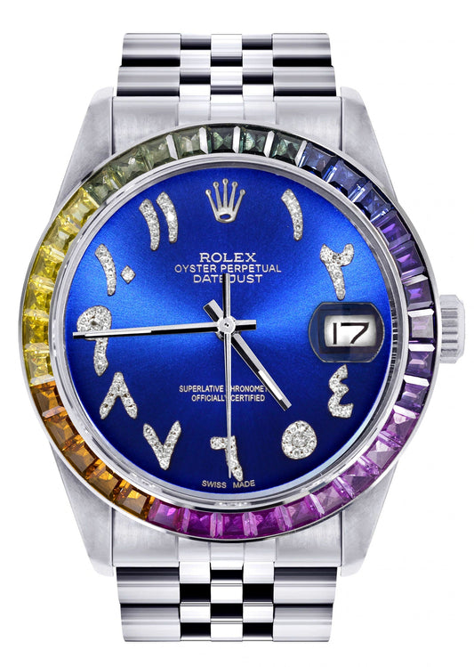 Diamond Gold Rolex Watch For Men 16200 | 36Mm | Rainbow Sapphire Bezel | Blue Arabic Numeral Dial | Jubilee Band