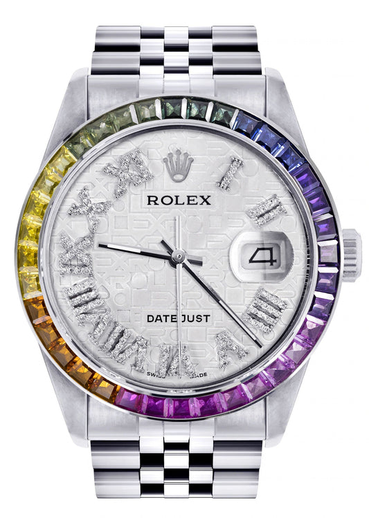 Diamond Gold Rolex Watch For Men 16200 | 36Mm | Custom Rainbow Sapphire Bezel | Silver Texture Roman Numeral Dial | Jubilee Band