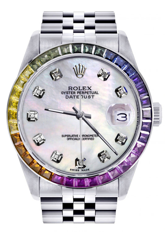 Diamond Gold Rolex Watch For Men 16200 | 36Mm | Rainbow Sapphire Bezel | Mother Of Pearl Dial | Jubilee Band